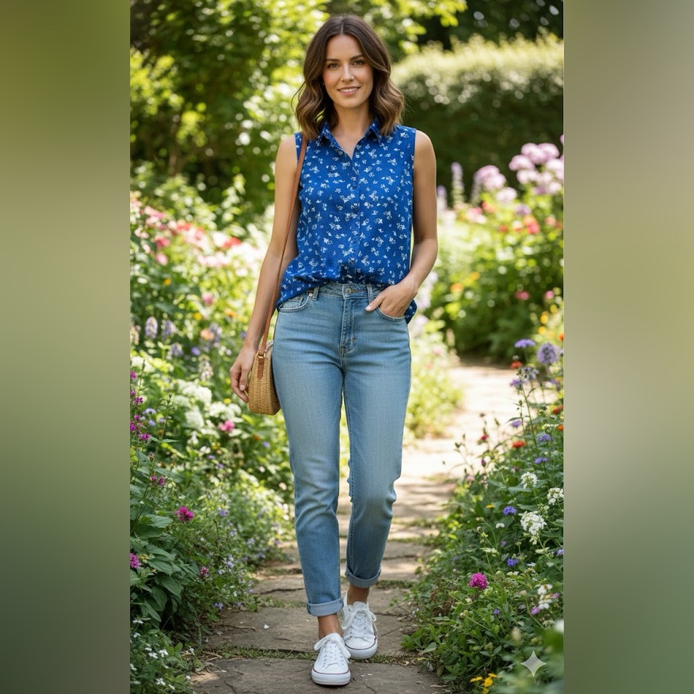 Passport blue floral blouse sleeveless small new womens collar nwt shirt top